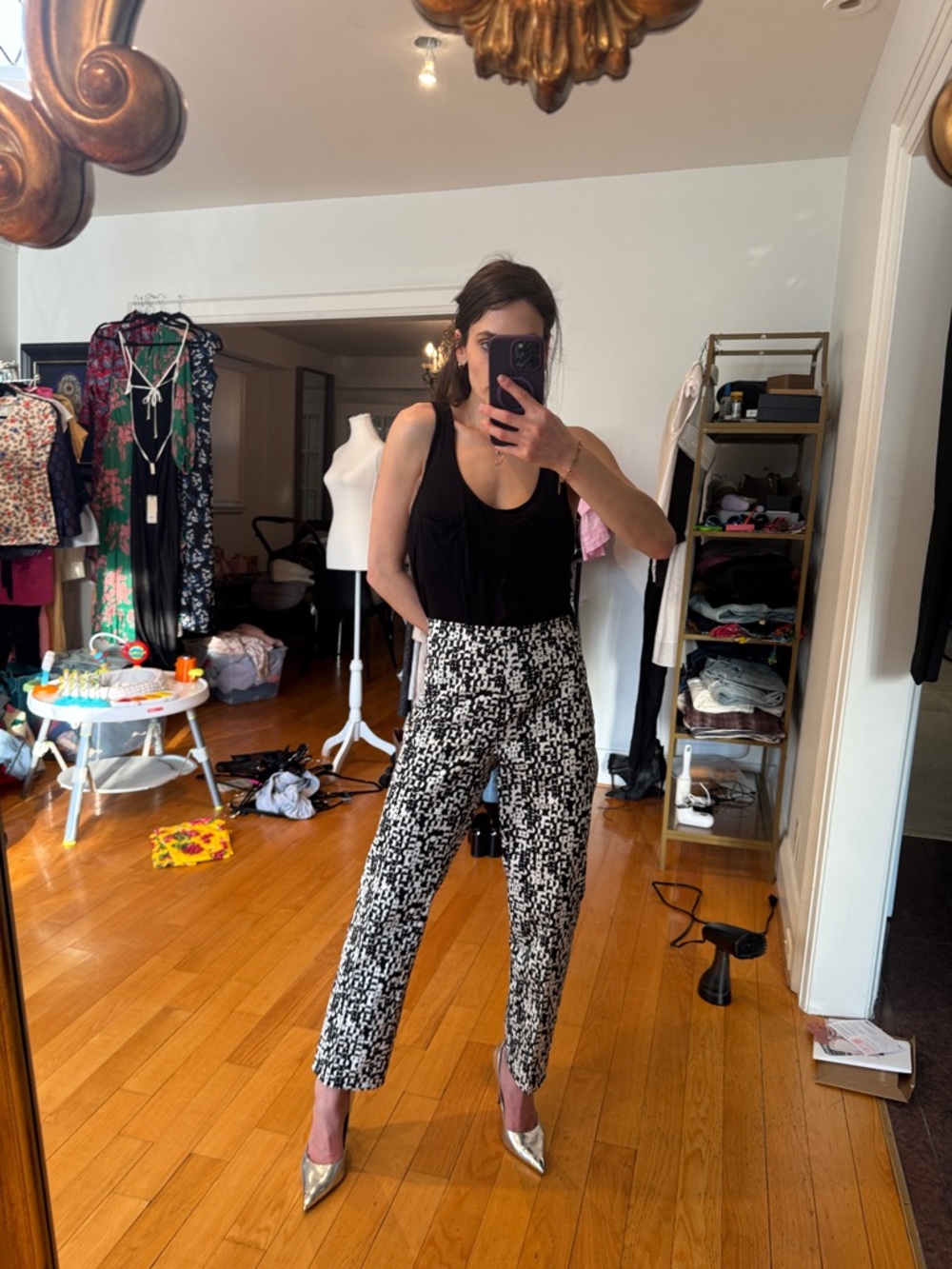 Akris punto Franca Mini Half Grid Circle Print Stretch Denim Crop Pants